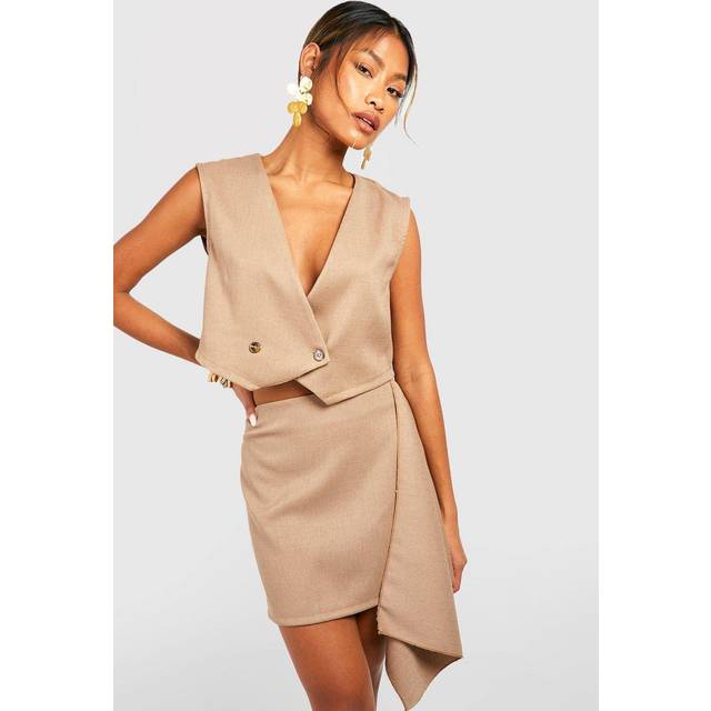Womens Linen Look Boxy Cropped Waistcoat - Beige - 10, Beige