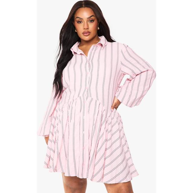 Womens Plus textured stripe drop hem shirt dress - Pink - 18