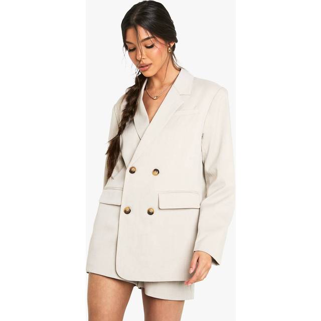 Womens Tailored Linen Look Double Breasted Blazer - Stone - 10