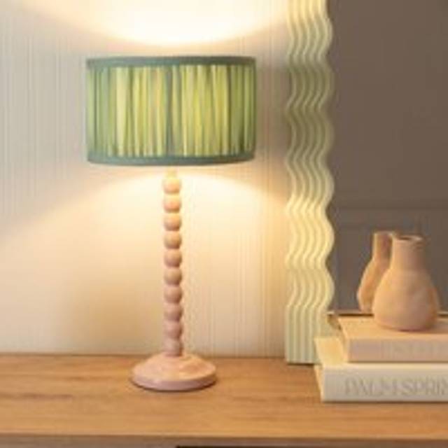 ValueLights Bobbins Ruched Green Drum Shade Painted Rose Table Lamp