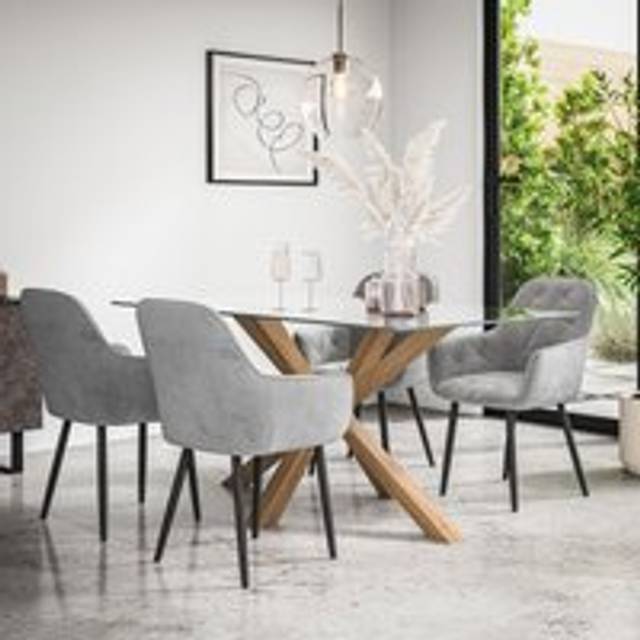 (Green) Etta Glass Dining Table Set w Solid Oak Legs w 4-6 Anika Velvet Chair