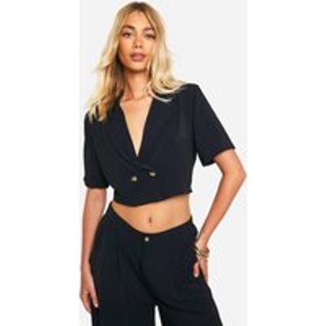 Womens Hammered Boxy Crop Textured Blazer - Black - 10