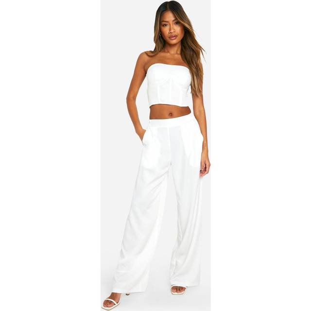 Womens High Waisted Pleated Wide Leg Trouser - White - 10, White