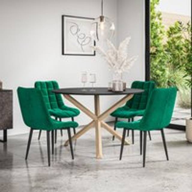 (Green) Malvern Round Black Dining Table Set w Oak Legs w 4-6 Nova Velvet Chair