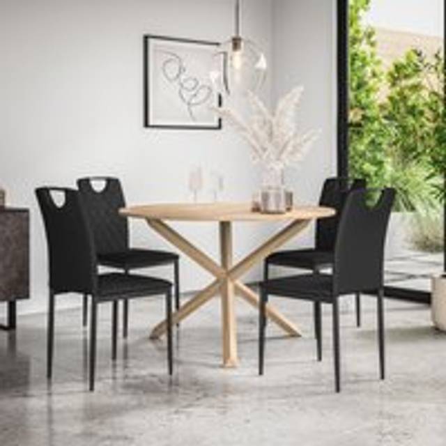 (Black) Malvern Round Oak Effect Dining Table Set w Oak Legs w 4-6 Monza Chair