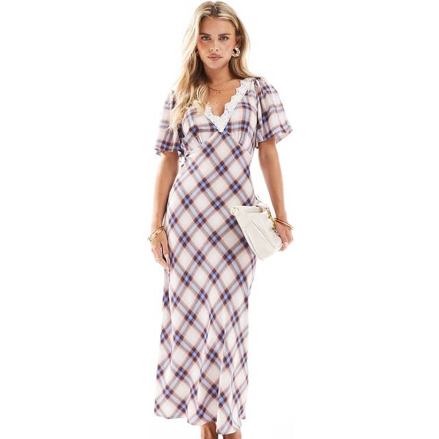 New Look Women's Petite Off White Checked Lace Trim Midi Dress - UK 12