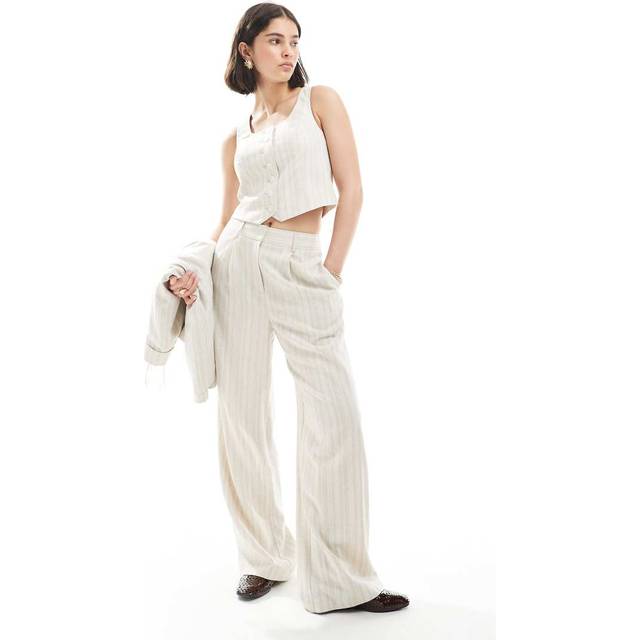 New Look Women's Cream Striped Wide Leg Tailored Trousers - 18R