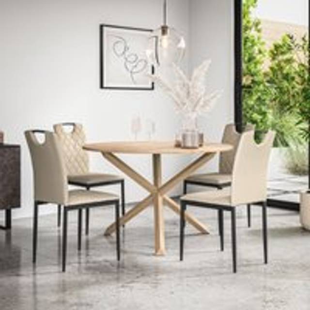 (Beige) Malvern Round Oak Effect Dining Table Set w Oak Legs w 4-6 Monza Chair