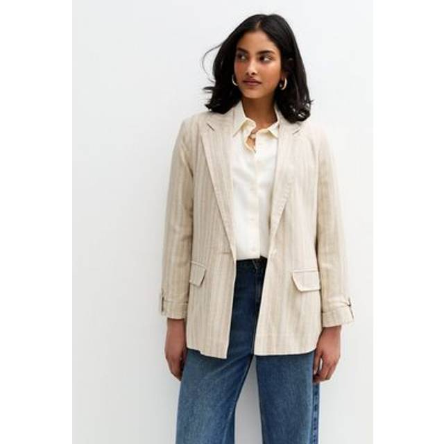 New Look Women's Plus Size Cream Button Front Striped Tailored Blazer Curves - UK 18