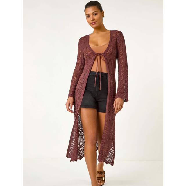 Longline Tie Cotton Blend Knit Cardigan - Chocolate - 10