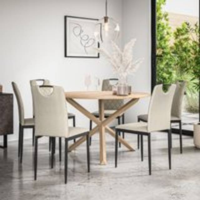 (Beige) Malvern Round Oak Effect Dining Table Set w Oak Legs w 4-6 Monza Linen Chair