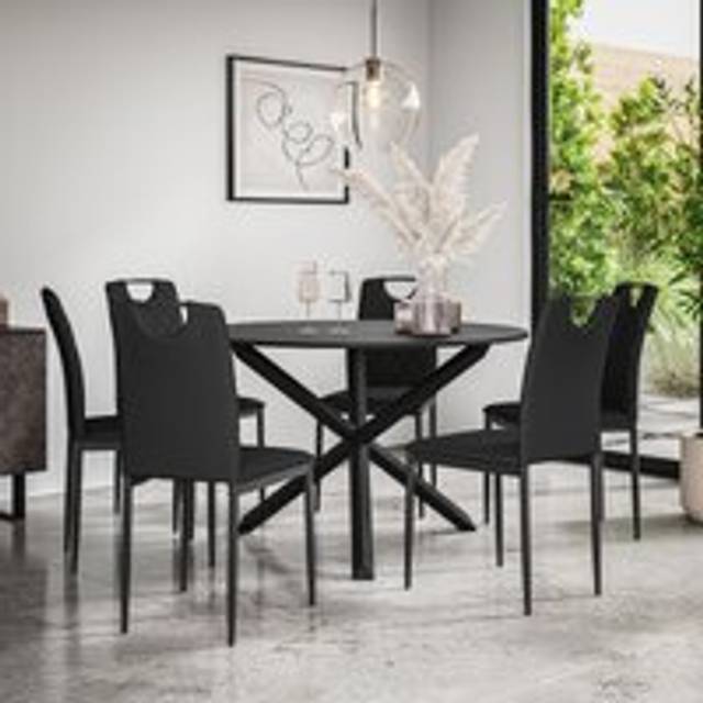(Black) Malvern Round Black Dining Table Set w Black Oak Legs w 4-6 Monza Chairs