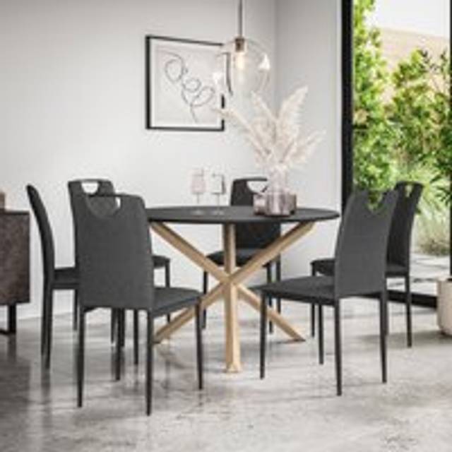 (Charcoal) Malvern Round Black Dining Table Set w Solid Oak Legs w 4-6 Monza Linen Chair