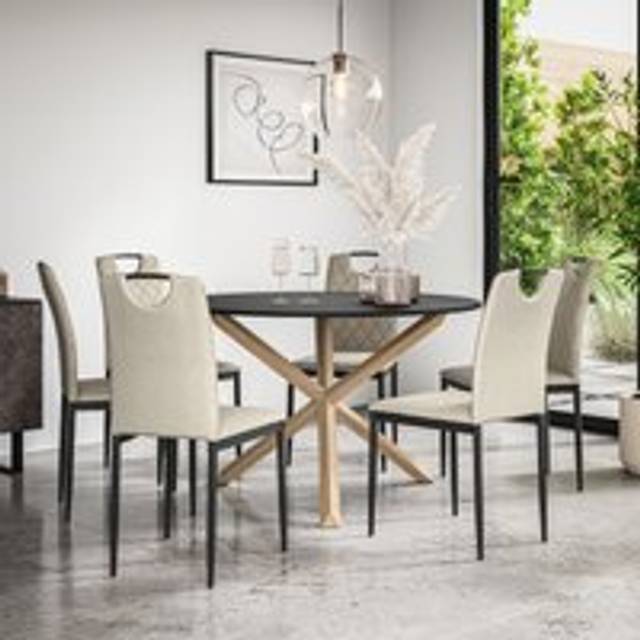 (Beige) Malvern Round Black Dining Table Set w Solid Oak Legs w 4-6 Monza Linen Chair