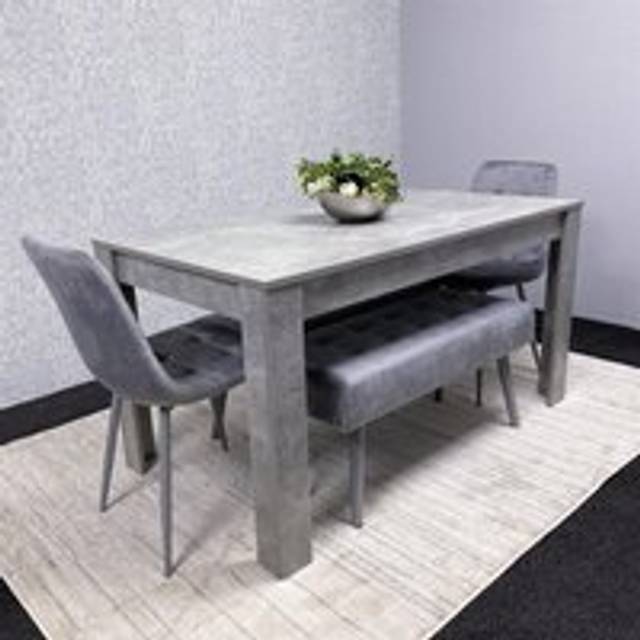 Kosy Koala Dining Table(140X80X75Cm) And 2 Chairs With Bench Stone Grey Effect Wood Table 2 Grey Velvet Chairs And Bench Dining Room, Grey