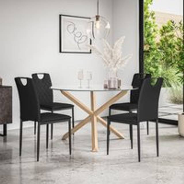 (Black) Malvern Round Glass Dining Table Set w Oak Legs w 4-6 Monza Faux Leather Chair