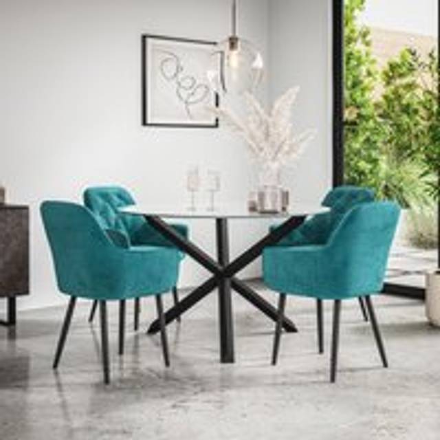 (Blue) Malvern Round Glass Dining Table Set w Black Oak Legs w 4 Anika Velvet Chairs