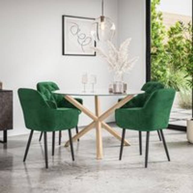 (Green) Malvern Round Glass Dining Table Set w Oak Legs w 4 Anika Velvet Chairs
