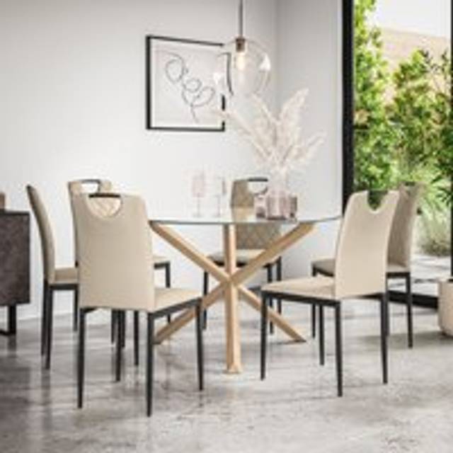 More4Homes Malvern Round Dining Table And Chairs -  Clear Glass Table Top W Solid Oak Legs + Monza Faux Leather Dining Chair Set Of 6 (Beige) - One Size