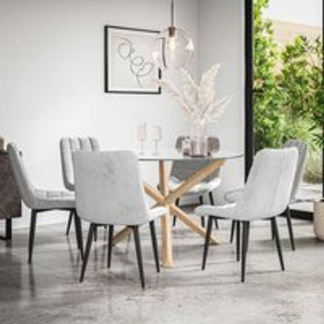 (Grey) Malvern Round Glass Dining Table Set w Oak Legs w 4-6 Nova Velvet Chair