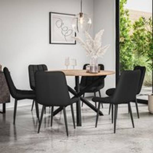 (Black) Malvern Round Oak Effect Dining Table Set w 4-6 Nova Faux Leather Chairs