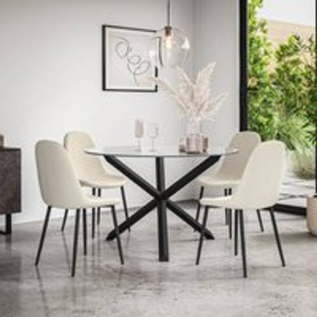 Malvern Round Glass Dining Table Set w Black Oak Legs w 4-6 Maya Boucle Chair