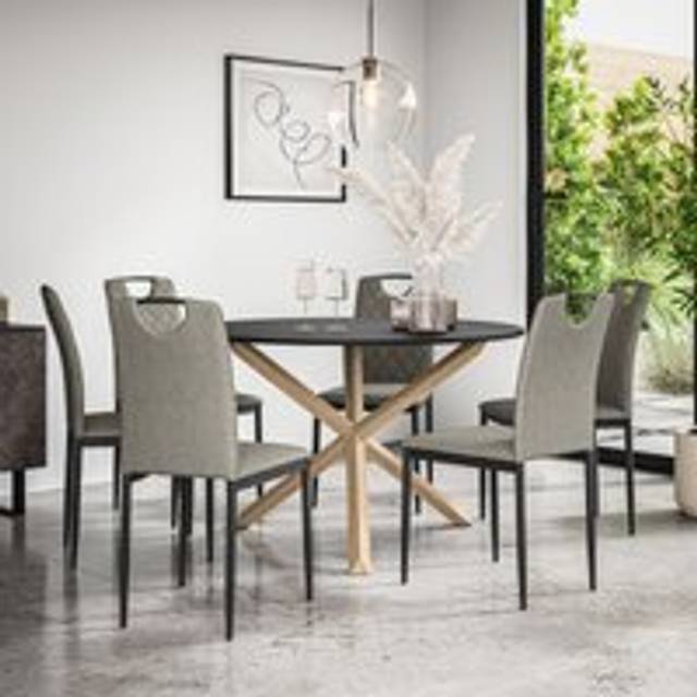 (Grey) Malvern Round Black Dining Table Set w Solid Oak Legs w 4-6 Monza Linen Chair