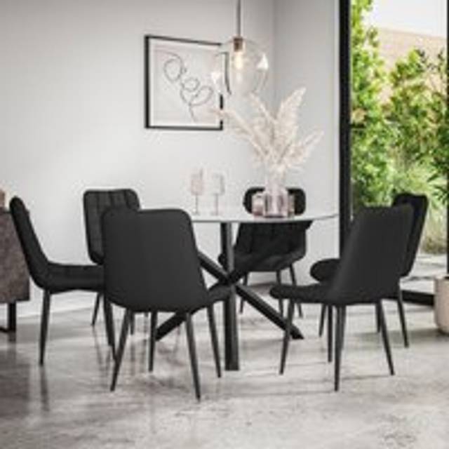 (Black) Malvern Round Glass Dining Table Set w Black Oak Legs w 4-6 Nova Dining Chairs