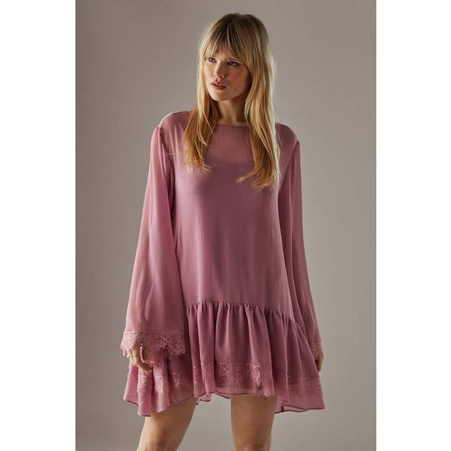 Womens Chiffon Lace Flared Sleeve Drop Hem Mini Dress - rose - Rose - 6