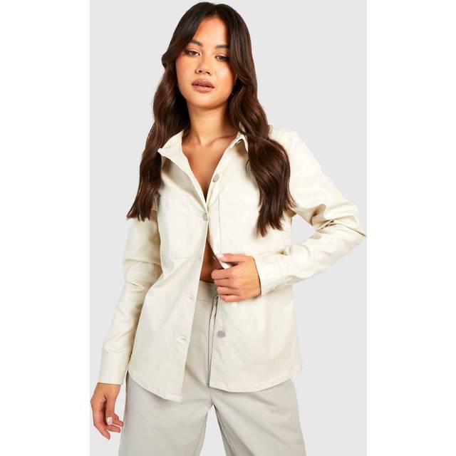 Womens Leather Look Denim Shacket - Cream - 6, Cream