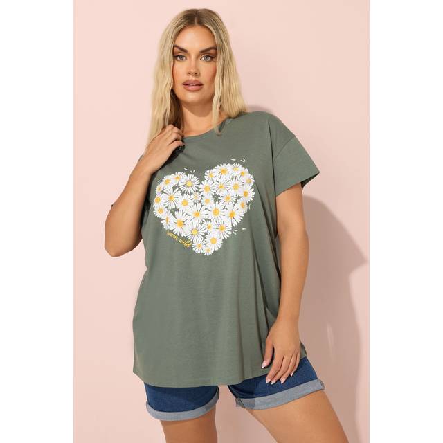 Yours Curve Khaki Green Daisy Heart Print Tshirt, Women's Curve & Plus Size, Yours - 18