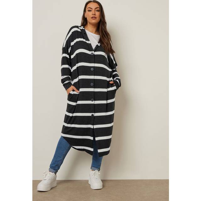 Yours Curve Black Stripe Hooded Maxi Cardigan, Women's Curve & Plus Size, Yours - 16