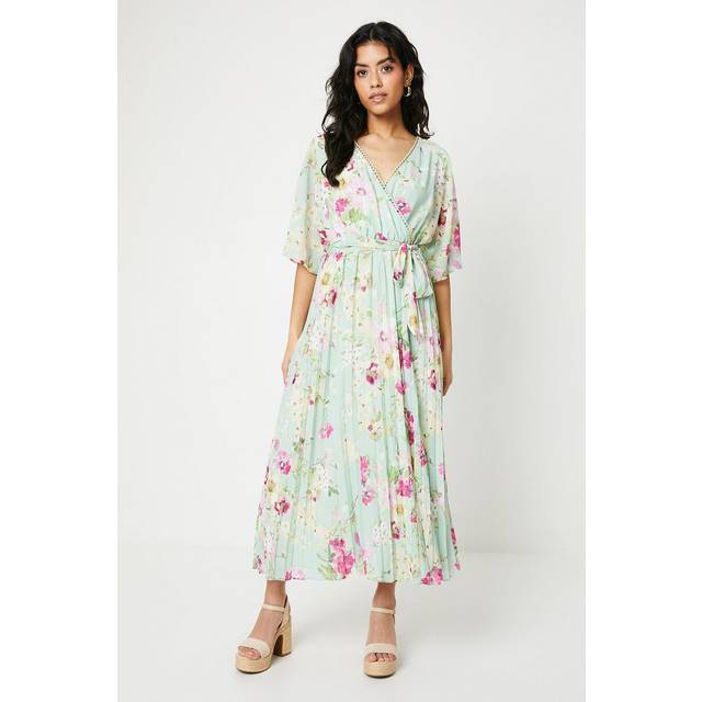 Oasis womens midi dress sage kimono sleeve pleated georgette
