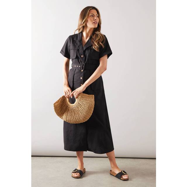 Womens Linen Button Pocket Midi Shirt Dress - Black - 16