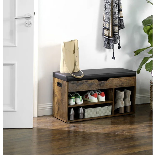 Industrial wooden shoe storage organizer cushion padded bench seat stool hallway