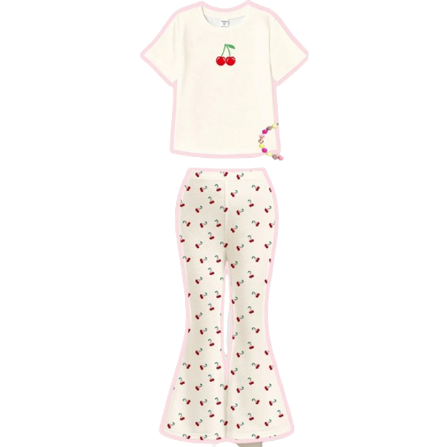SHEIN 2pcs Cherry Print Casual Cute Cartoon Design Round Neck Short Sleeve Top And Flare Pants Set For Young Girls, Suitable For Summer Young Girls Sets Sum