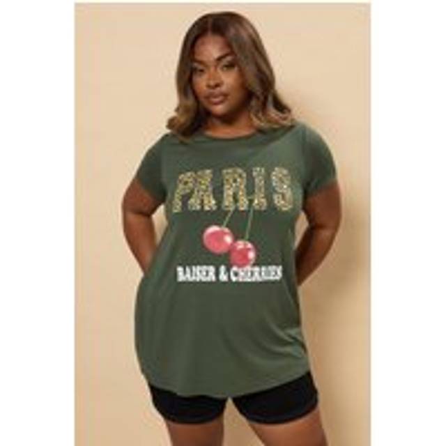 Yours Curve Khaki Green Leopard 'Paris' Graphic Cherry Tshirt, Women's Curve & Plus Size, Yours - 20