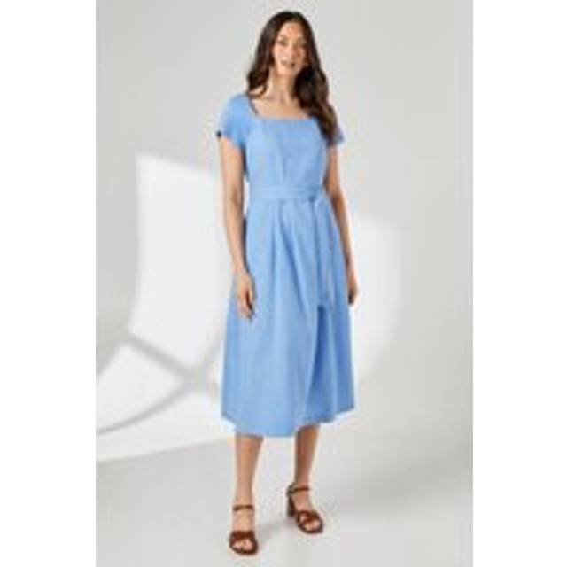 Blue Square Neck Cap Sleeve Belted Linen Midi Dress - 20