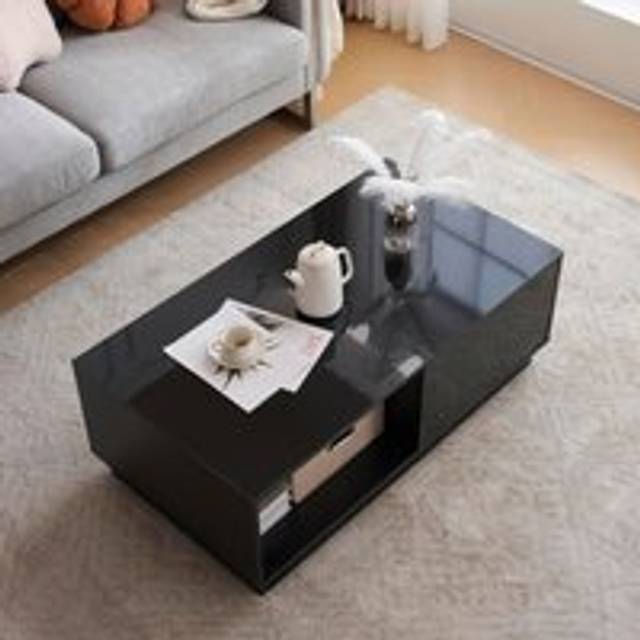 Contemporary High Gloss LED Coffee Table With 1 Drawer - True Black - One Size