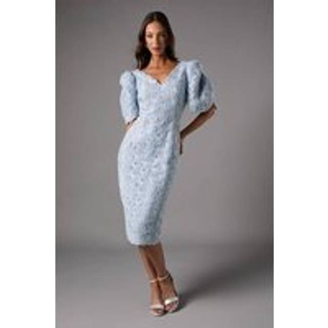 Floral Pleated Sleeve Pencil Dress - Pale Blue - 18