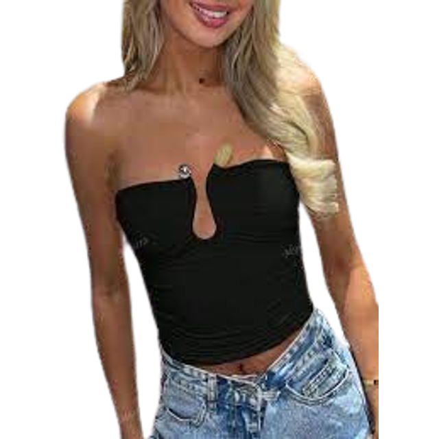 SHEIN Summer Solid Color Chest Wrap Backless Ruched U-Shaped Clasp Teardrop Hollow-Out Stylish Sexy Fitted Bandeau Top