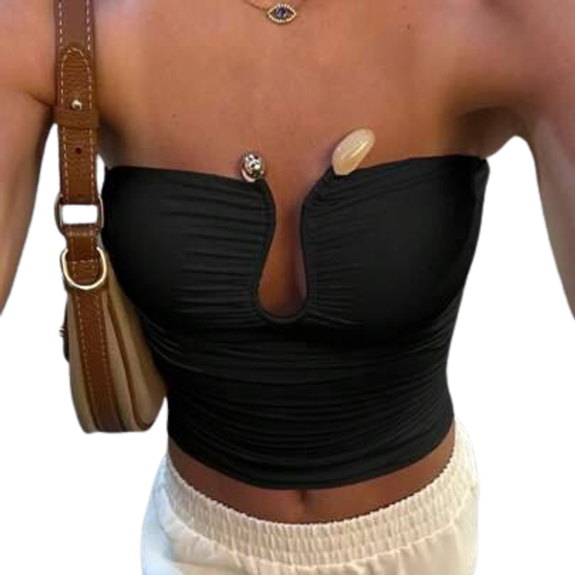 SHEIN Summer Solid Color Chest Wrap Backless Ruched U-Shaped Clasp Teardrop Hollow-Out Stylish Sexy Fitted Bandeau Top