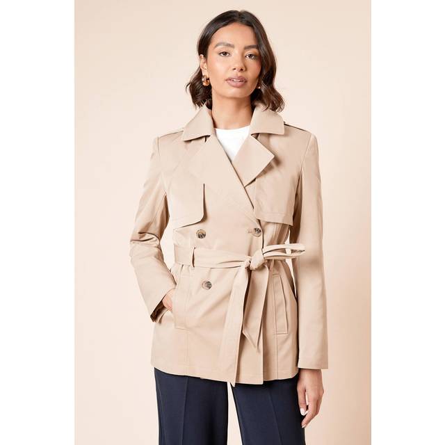 Womens Double Breasted Belted Trench Coat - Stone - 16