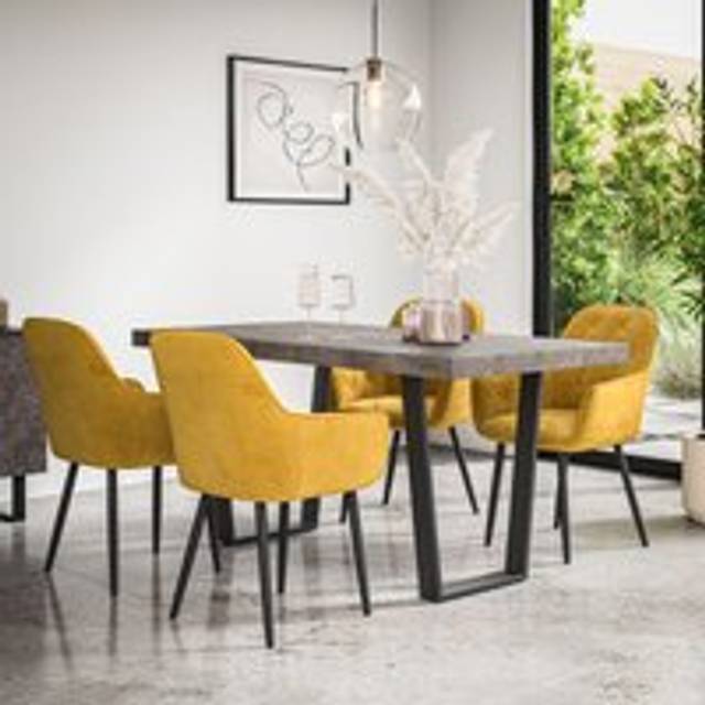 (Mustard) Aria Dining Table And Chairs - Concrete Effect Table w 4-6 Anika Velvet Chair