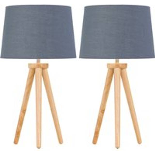 Set of 2 Light Oak Table Lamp or Bedside Lights with Grey Gold Shades