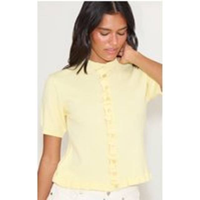 Yellow Knit Ruffle Detail Short Sleeve Cardigan, Yellow - M