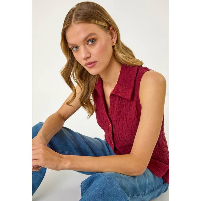 Textured Sleeveless Buttoned Blouse - Wine - 10