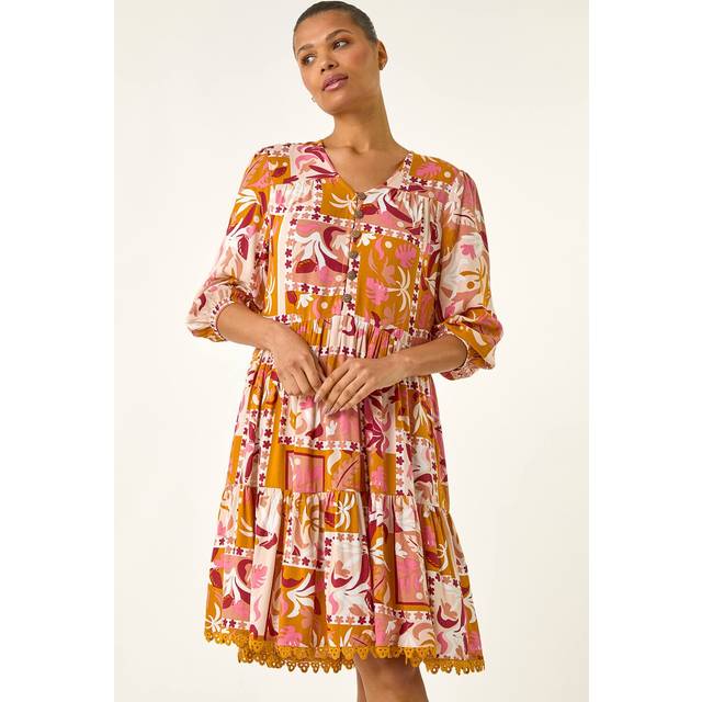Patchwork Smock V-Neck Dress - Amber - 14
