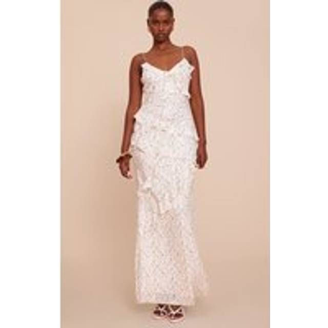 White Ditsy Floral Embroidered Frill Maxi Dress, White - 4