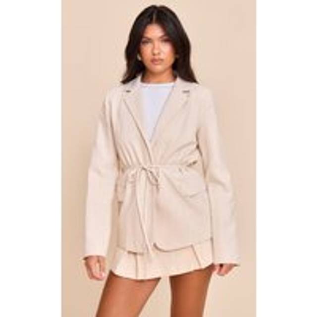 Stone Tie Waist Linen Look Blazer, White - 12
